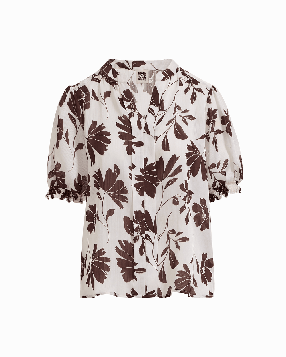 Y-Neck Smocked Cuff Blouse in WHT DV / DK CHOC - Anne Klein WHT DV/DK CHOC