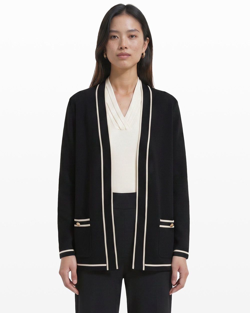 Open-Front Cardigan with Contrast Tipping - Anne Klein Anne Black/ Anne White