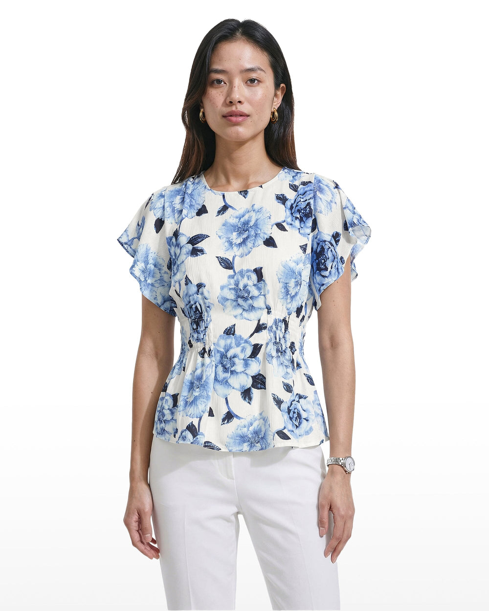 Smocked Waist Flutter Sleeve Blouse - Anne Klein CRISP WHITE MLT