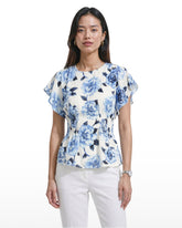 Smocked Waist Flutter Sleeve Blouse - Anne Klein CRISP WHITE MLT