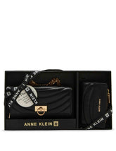 2 Piece Gift Set with Flap Crossbody and Bifold Wallet - Anne Klein Black Quilted