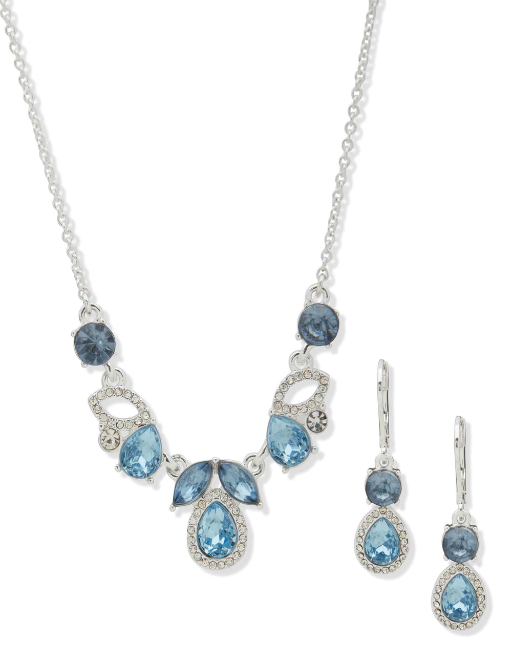 Denim Blue Crystal Cluster Necklace & Earring Set - Anne Klein Silver Tone