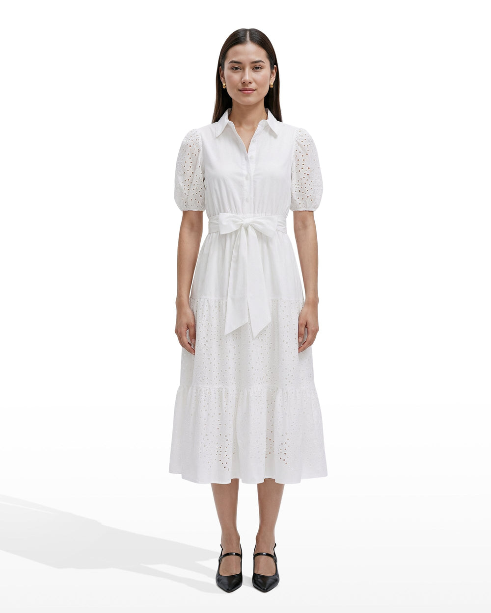 Puff Sleeve Tiered Shirt Dress - Anne Klein CRISP WHITE