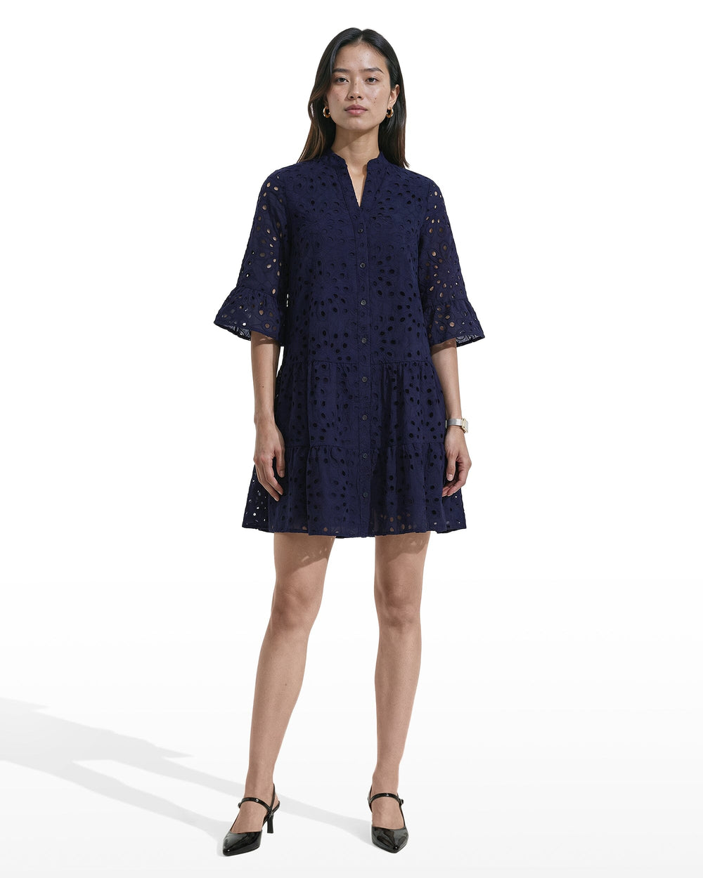 Tiered Shirt Dress with Stand Collar - Anne Klein DISTANT MOUNTAIN