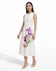 A-line Crew Neck Midi Dress - Anne Klein WHITE DOVE MULTI