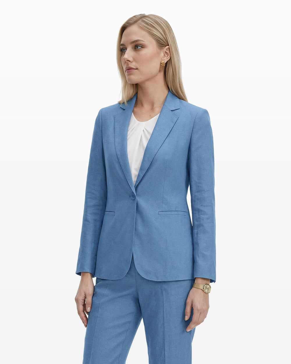 One-Button Notch Lapel Linen Blend Jacket - Anne Klein LAGOON
