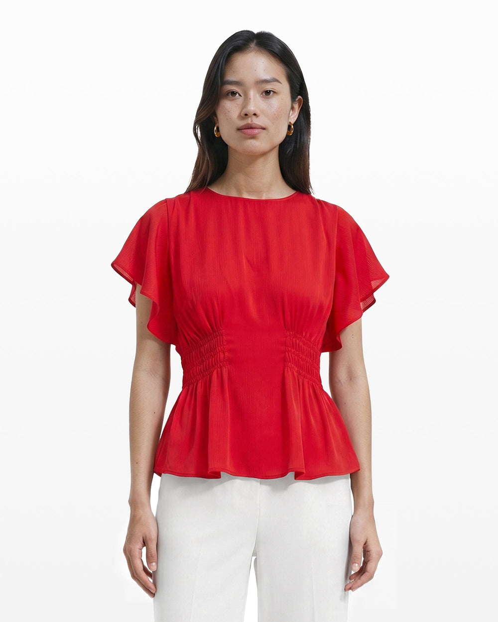 Smocked Waist Flutter Sleeve Blouse in BEGONIA RED - Anne Klein BEGONIA RED