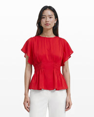 Smocked Waist Flutter Sleeve Blouse in BEGONIA RED - Anne Klein BEGONIA RED