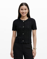 Button Front Zigzag Pointelle Cardigan - Anne Klein ANNE BLACK