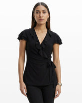 Flutter Sleeve Wrap Top with Ruffle - Anne Klein ANNE BLACK
