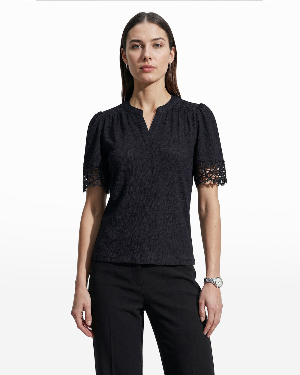 Elbow Split Neck Top with Lace - Anne Klein ANNE BLACK