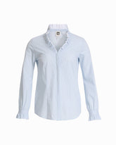 Long Sleeve Ruffle Button-Front and Cuff Shirt - Anne Klein BLUE WASH MULTI