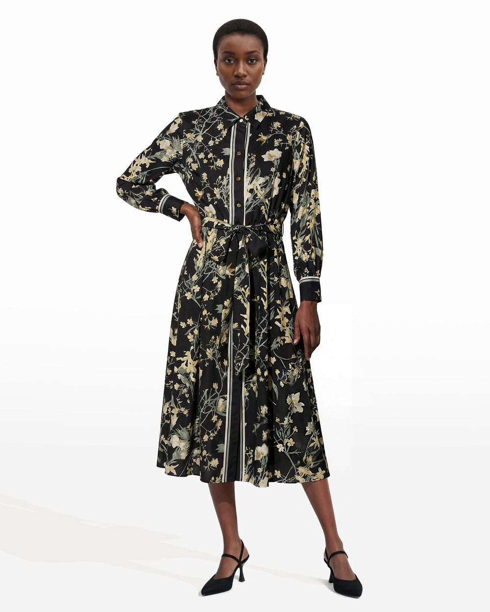 Floral Midi Shirt Dress with Tie Belt - Anne Klein Anne Black Multi