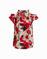 Ruffle Sleeve V-Neck Tie Blouse in WHITE DOVE MULTI - Anne Klein WHITE DOVE MULTI