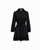 Tiered Collared Long Sleeve Button-Front Shirt Dress - Anne Klein ANNE BLACK