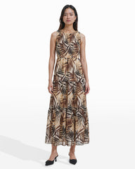 Smocked Bodice Tiered Maxi Dress in White Dove Dark Chocolate - Anne Klein WHITE DOVE MULTI