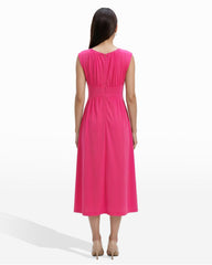 Boat Neckline Shirred Midi Dress - Anne Klein VIBRANT PINK