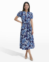Puff Sleeve A-line Midi Dress - Anne Klein SANTORINI BLUE MULTI