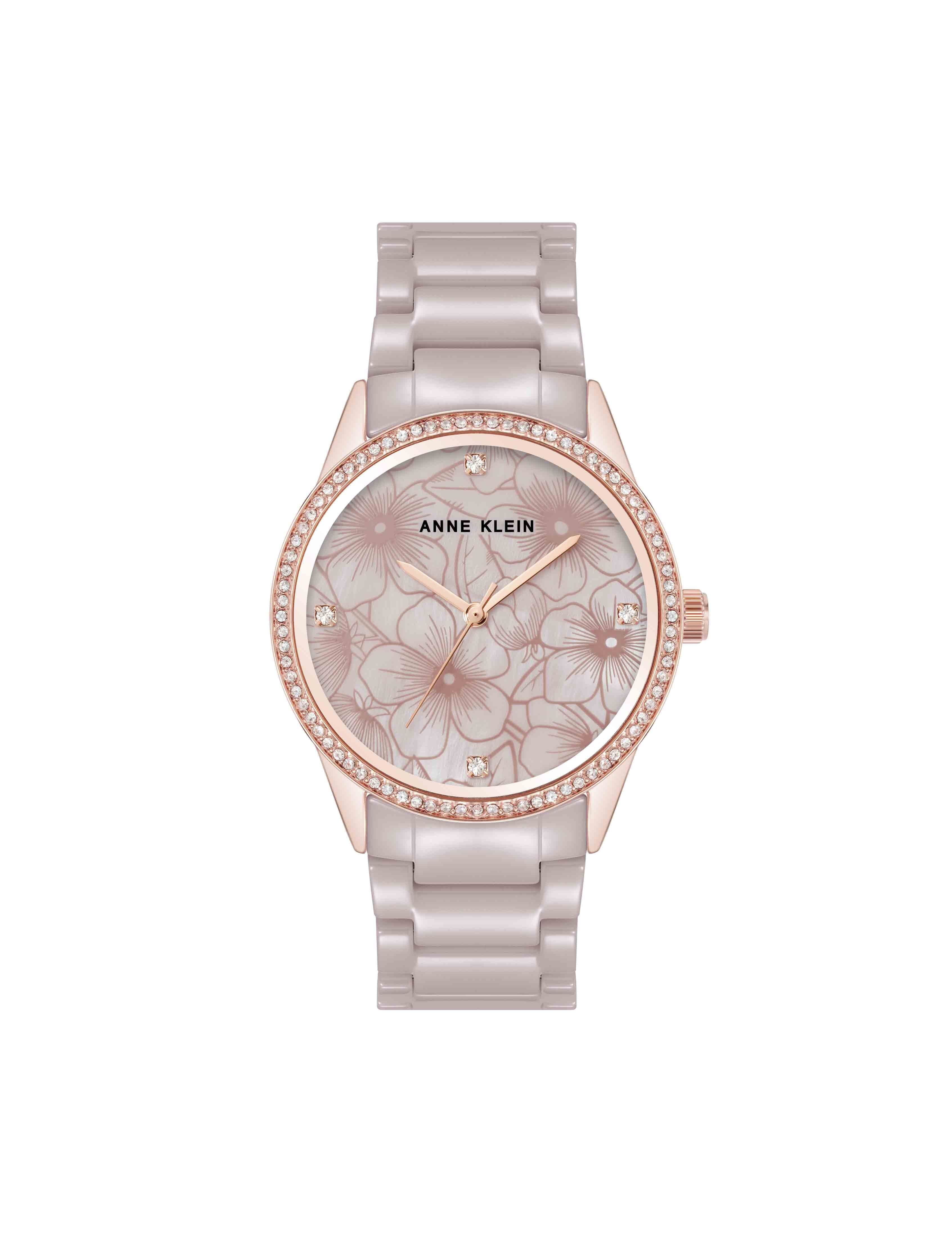 Ceramic Bracelet Floral Dial Watch - Anne Klein Taupe/Rose-Tone
