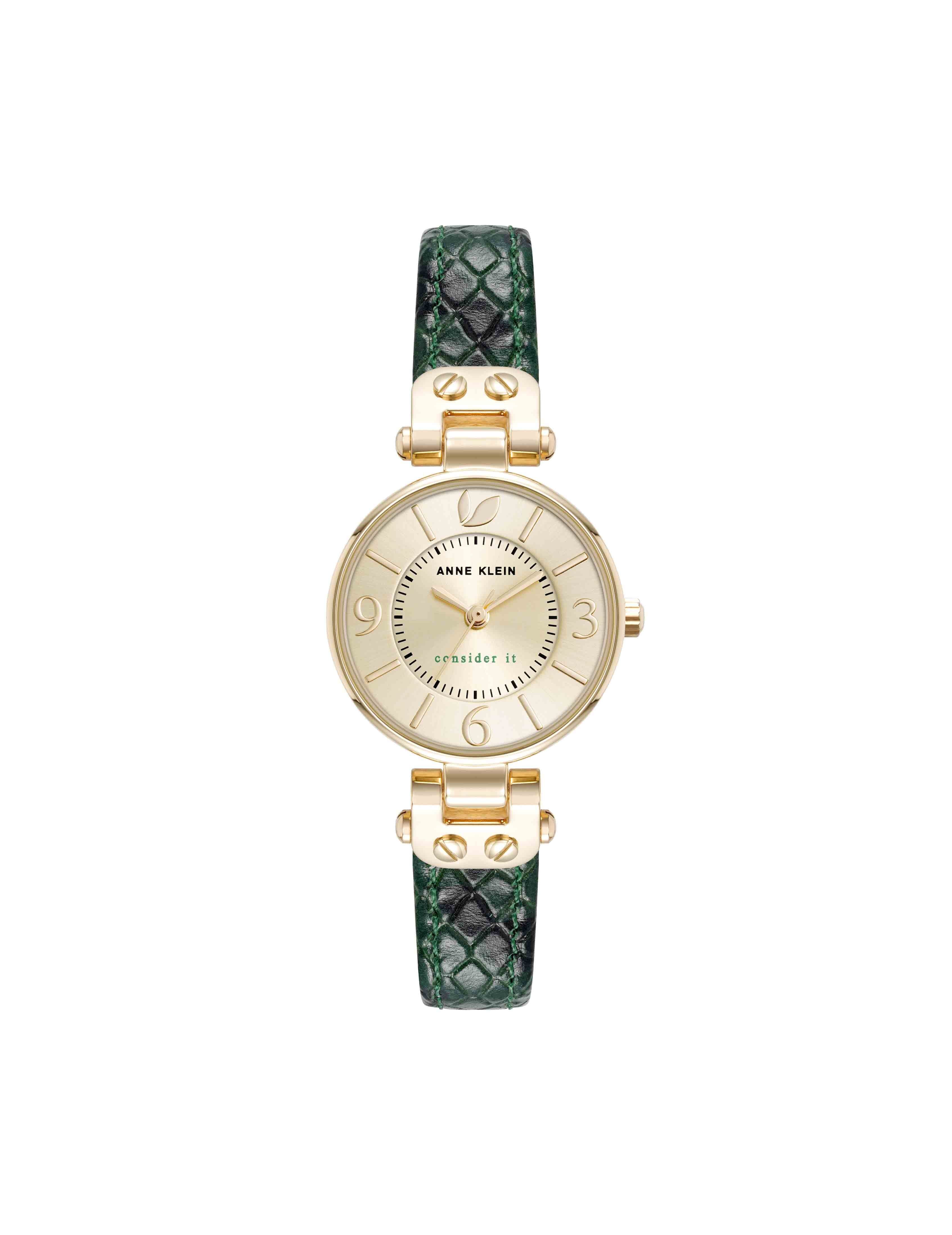 Sustainable Leather Strap Watch - Anne Klein Gold-Tone/Green