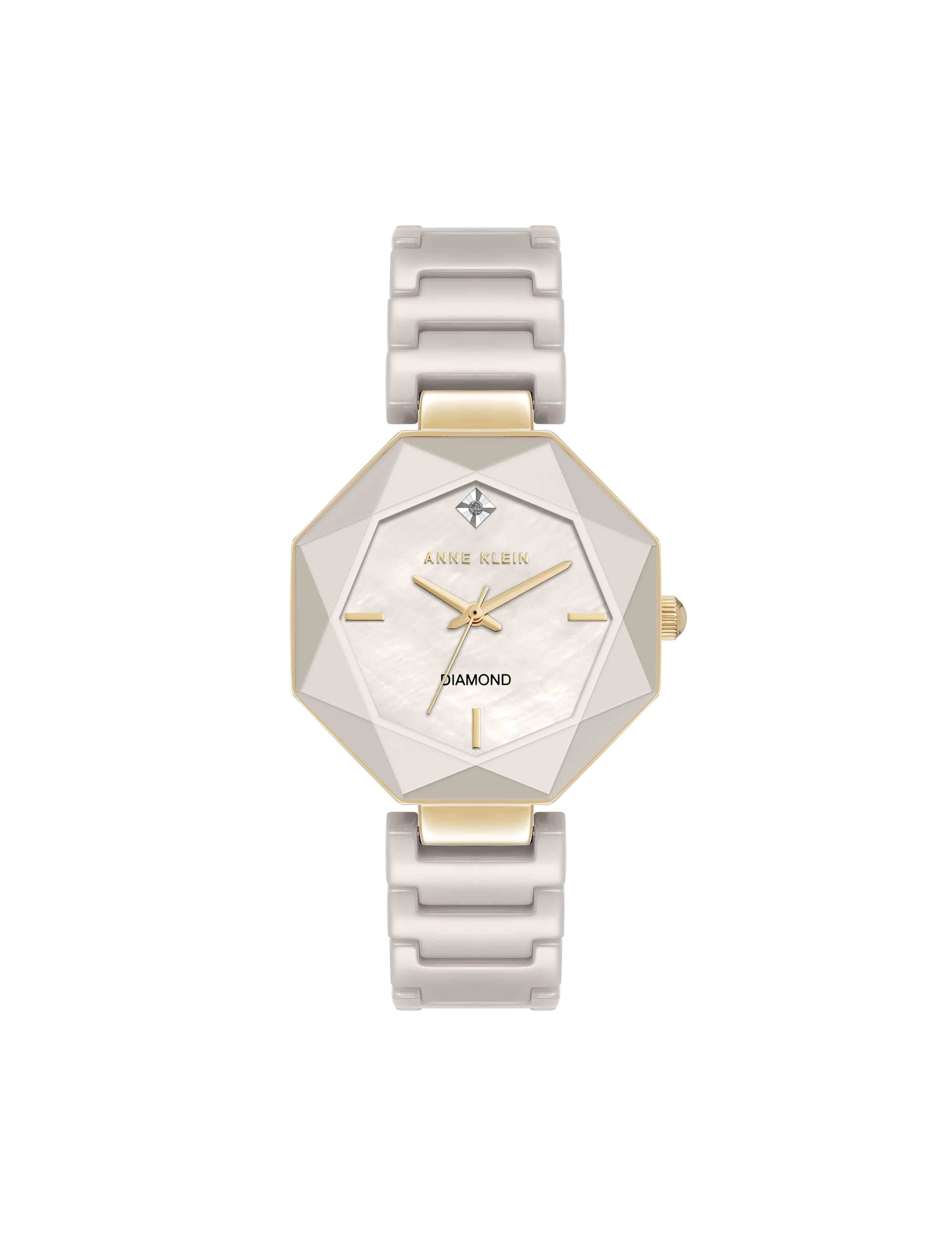 Octagonal Ceramic Diamond Dial Bracelet Watch - Anne Klein Taupe/Gold-Tone