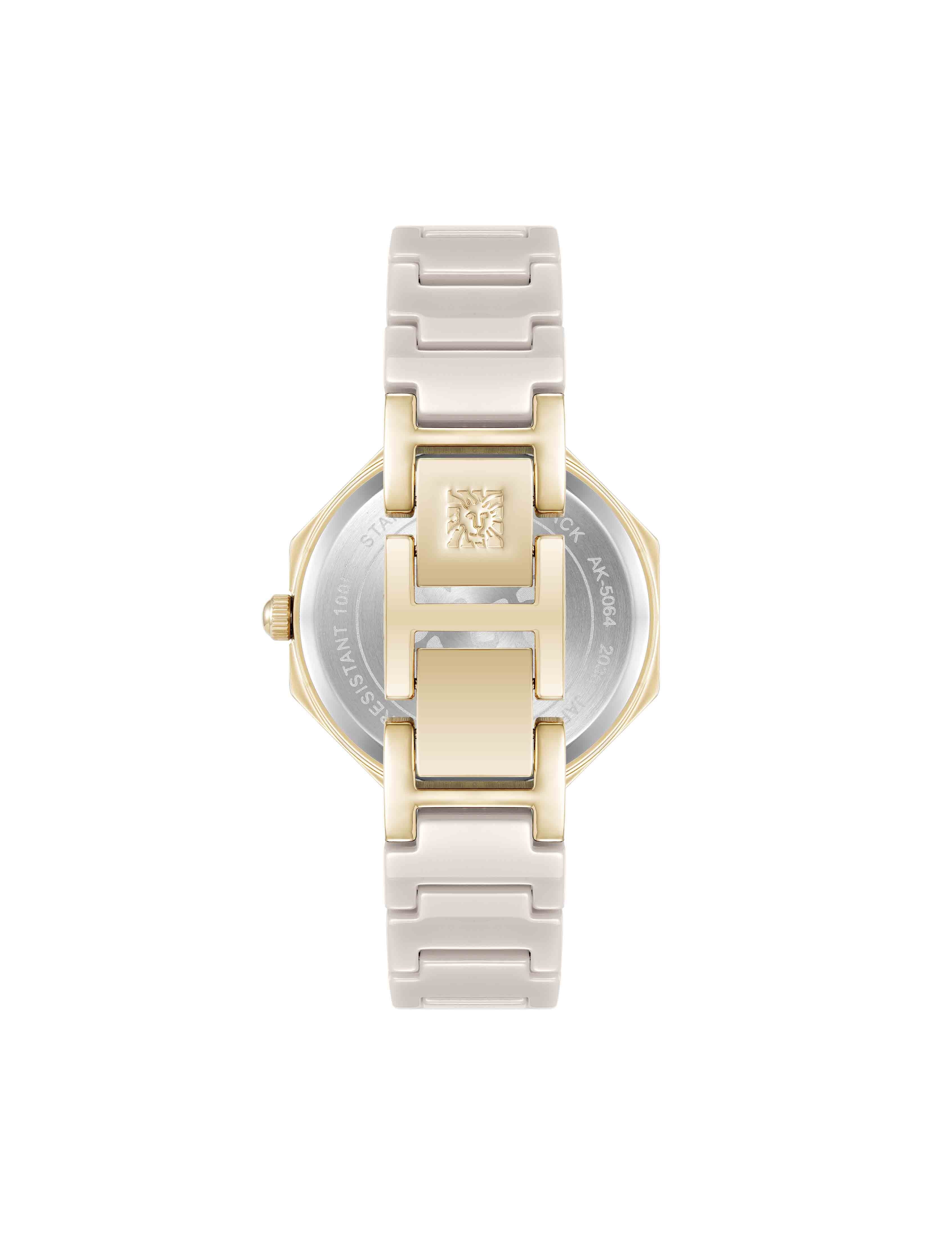 Octagonal Ceramic Diamond Dial Bracelet Watch - Anne Klein Taupe/Gold-Tone
