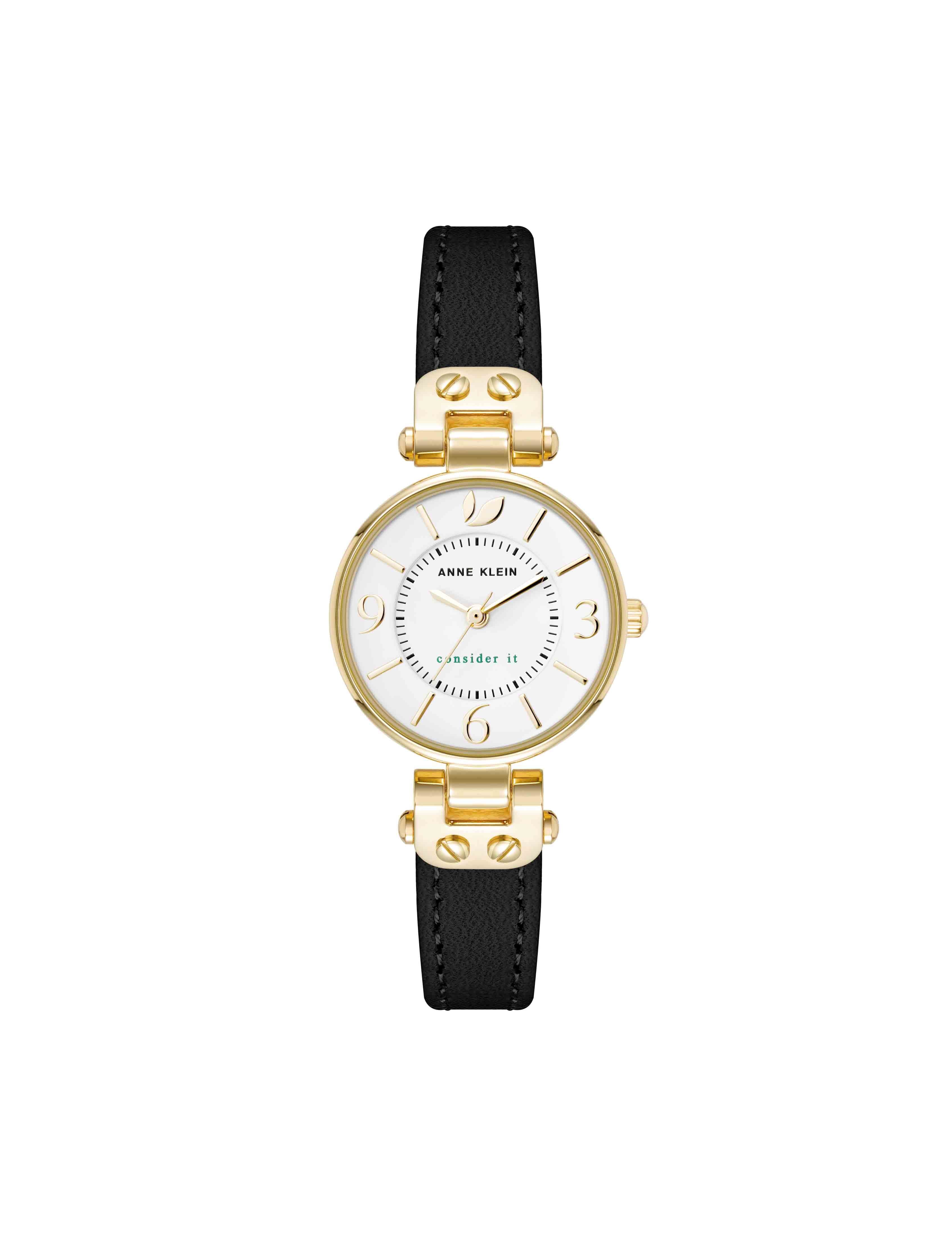 Sustainable Leather Strap Watch - Anne Klein Gold-Tone/Black