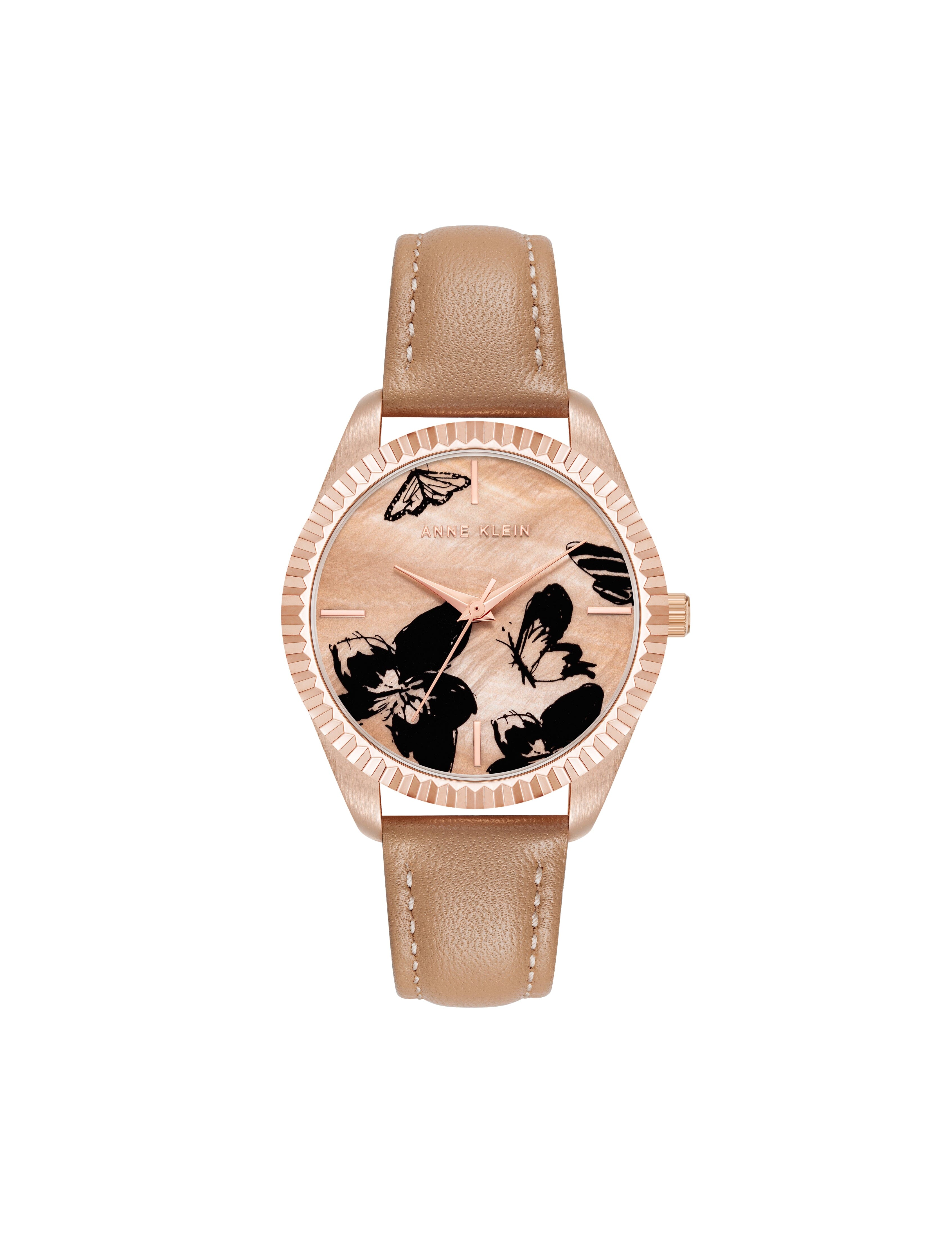Butterfly Dial Leather Strap Watch in Tan / Rose Gold - Anne Klein