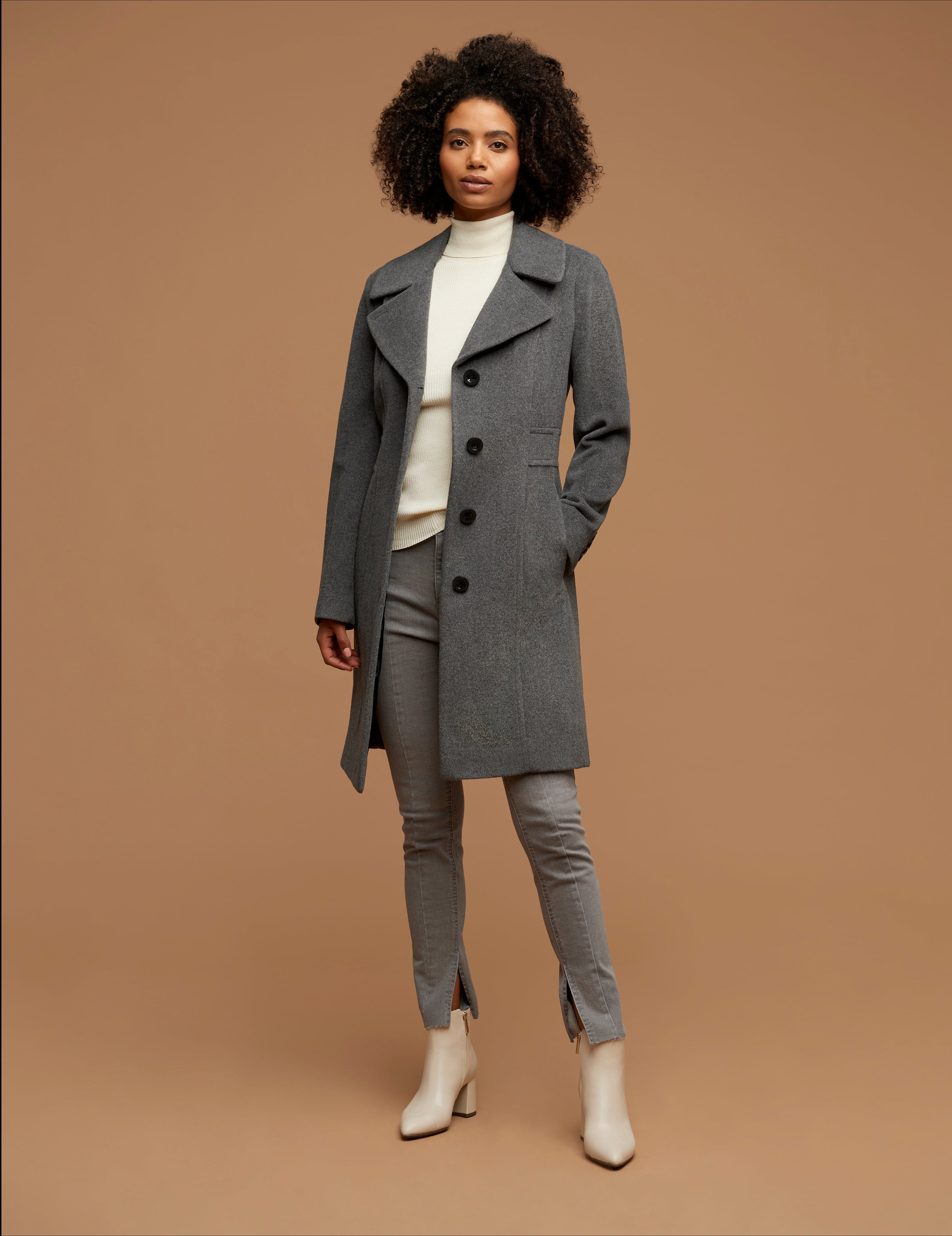 Notch Collar Wool Coat - Anne Klein Light Grey
