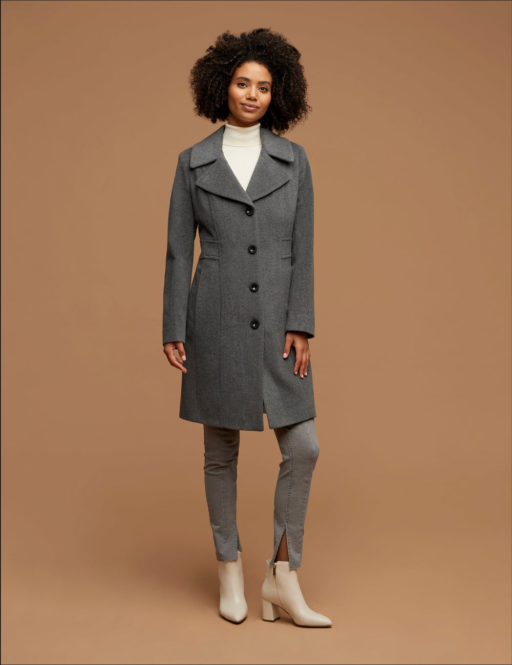 Notch Collar Wool Coat - Anne Klein Light Grey