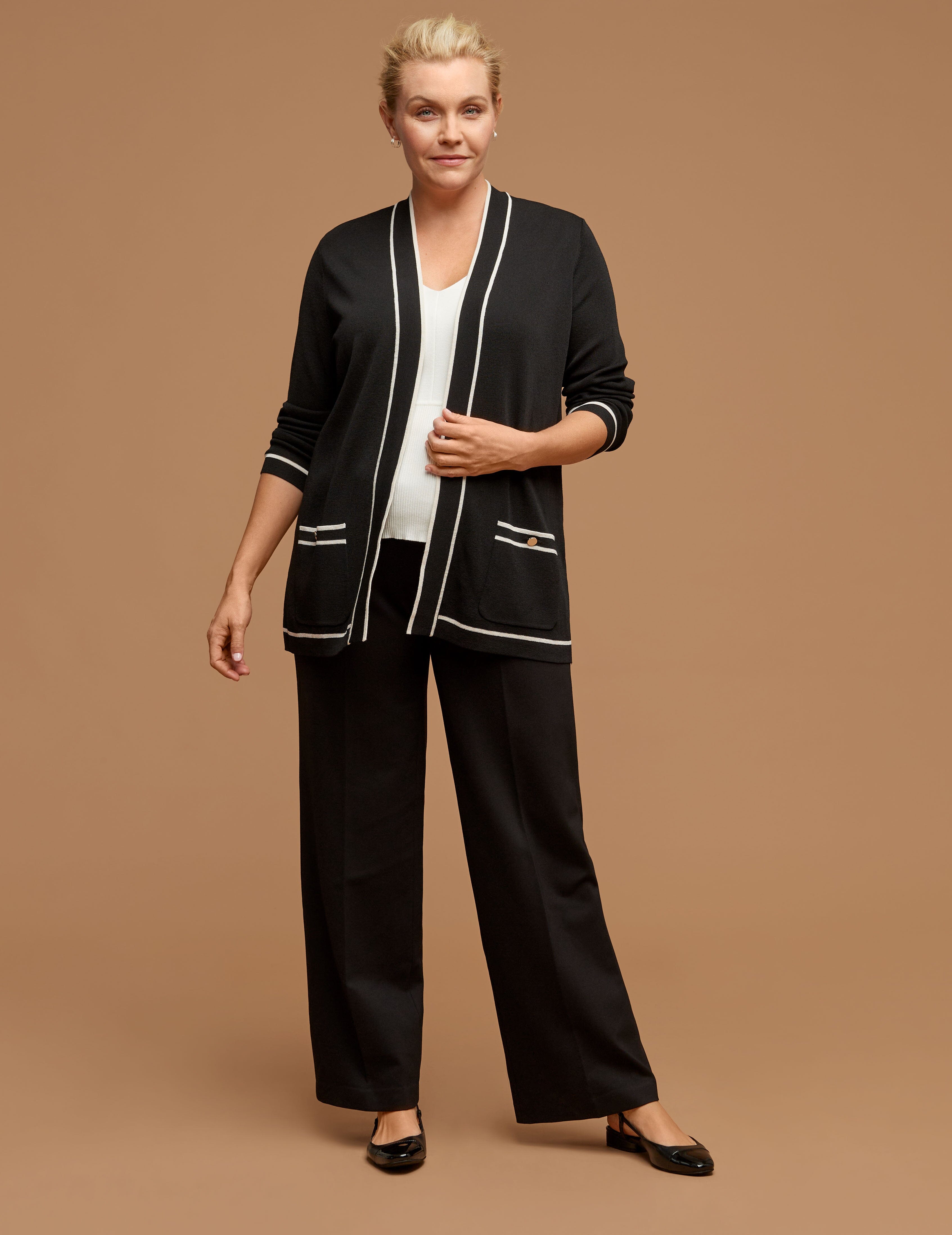 Plus Size Open-Front Cardigan with Tipping - Anne Klein Anne Black/ Anne White