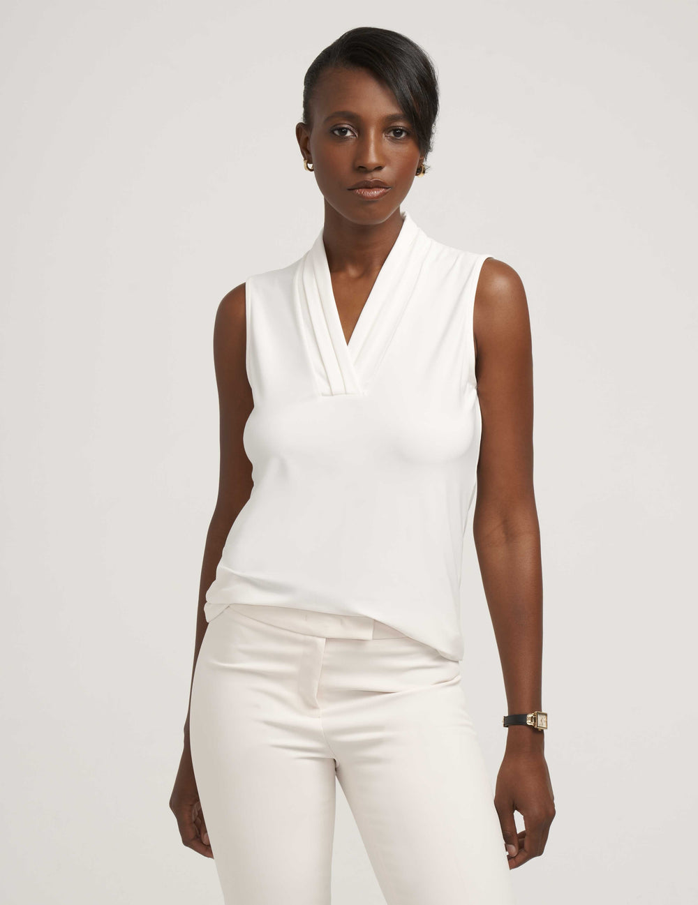 Petite V-Neck Triple Pleat Top - Anne Klein Anne White
