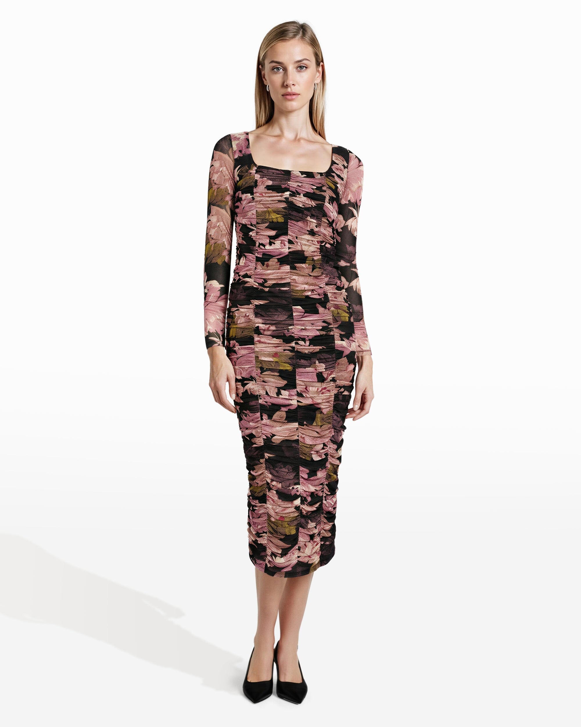 Long Sleeve Ruched Midi Dress - Anne Klein Anne Black Multi