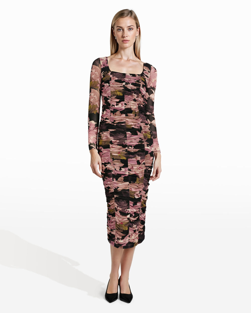 Long Sleeve Ruched Midi Dress - Anne Klein Anne Black Multi