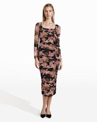 Long Sleeve Ruched Midi Dress - Anne Klein Anne Black Multi