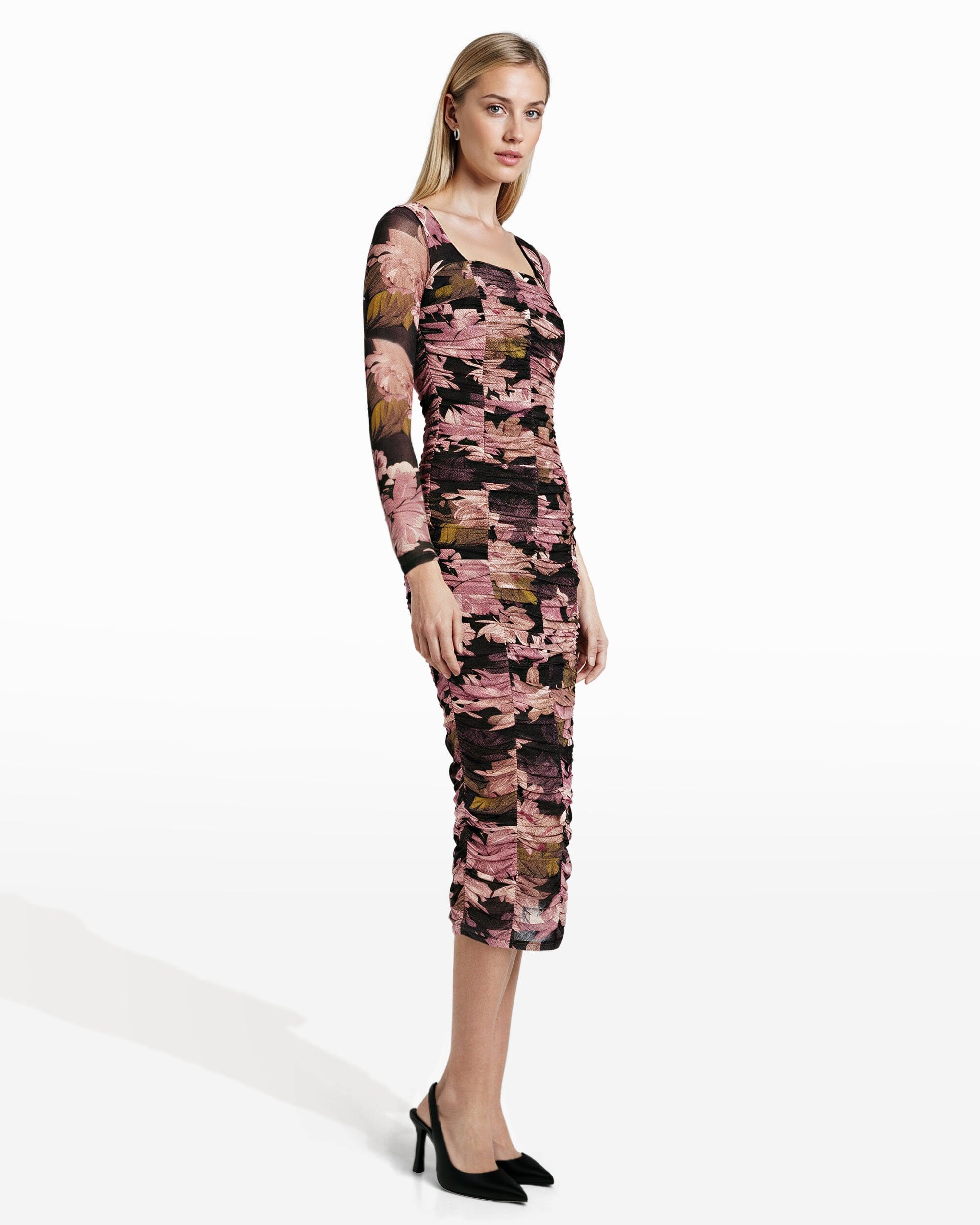 Long Sleeve Ruched Midi Dress - Anne Klein Anne Black Multi