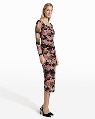 Long Sleeve Ruched Midi Dress - Anne Klein Anne Black Multi