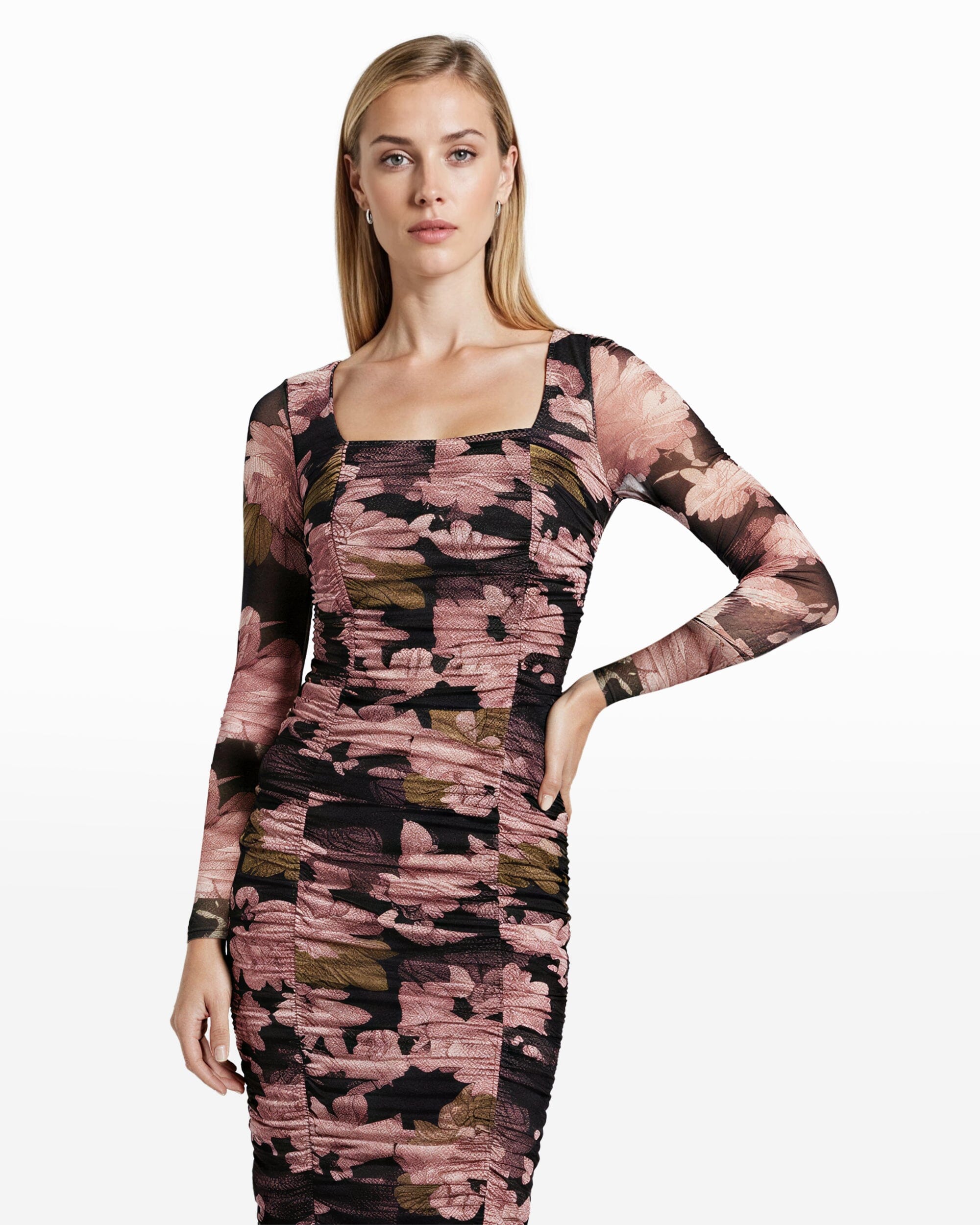 Long Sleeve Ruched Midi Dress - Anne Klein Anne Black Multi