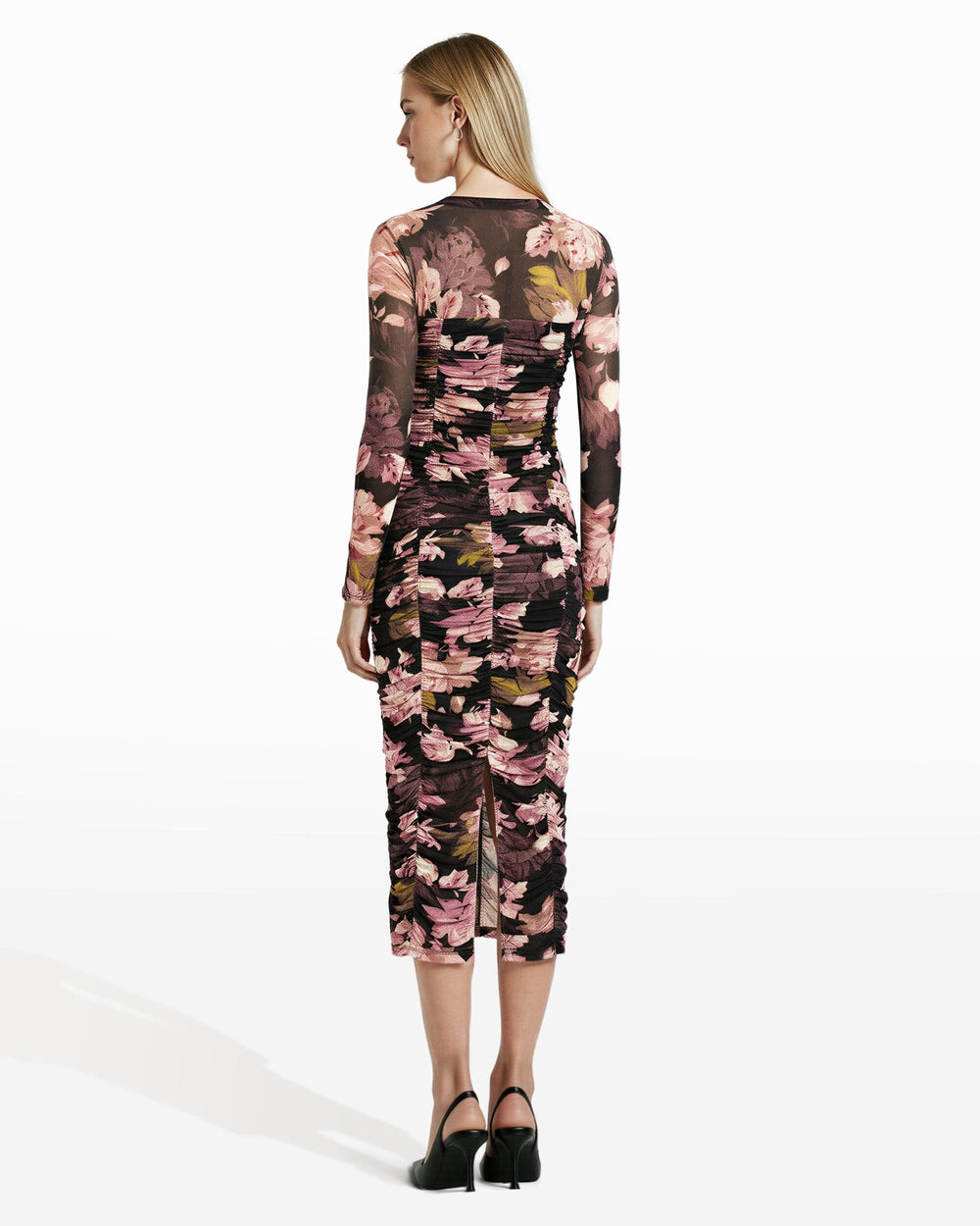 Long Sleeve Ruched Midi Dress - Anne Klein Anne Black Multi