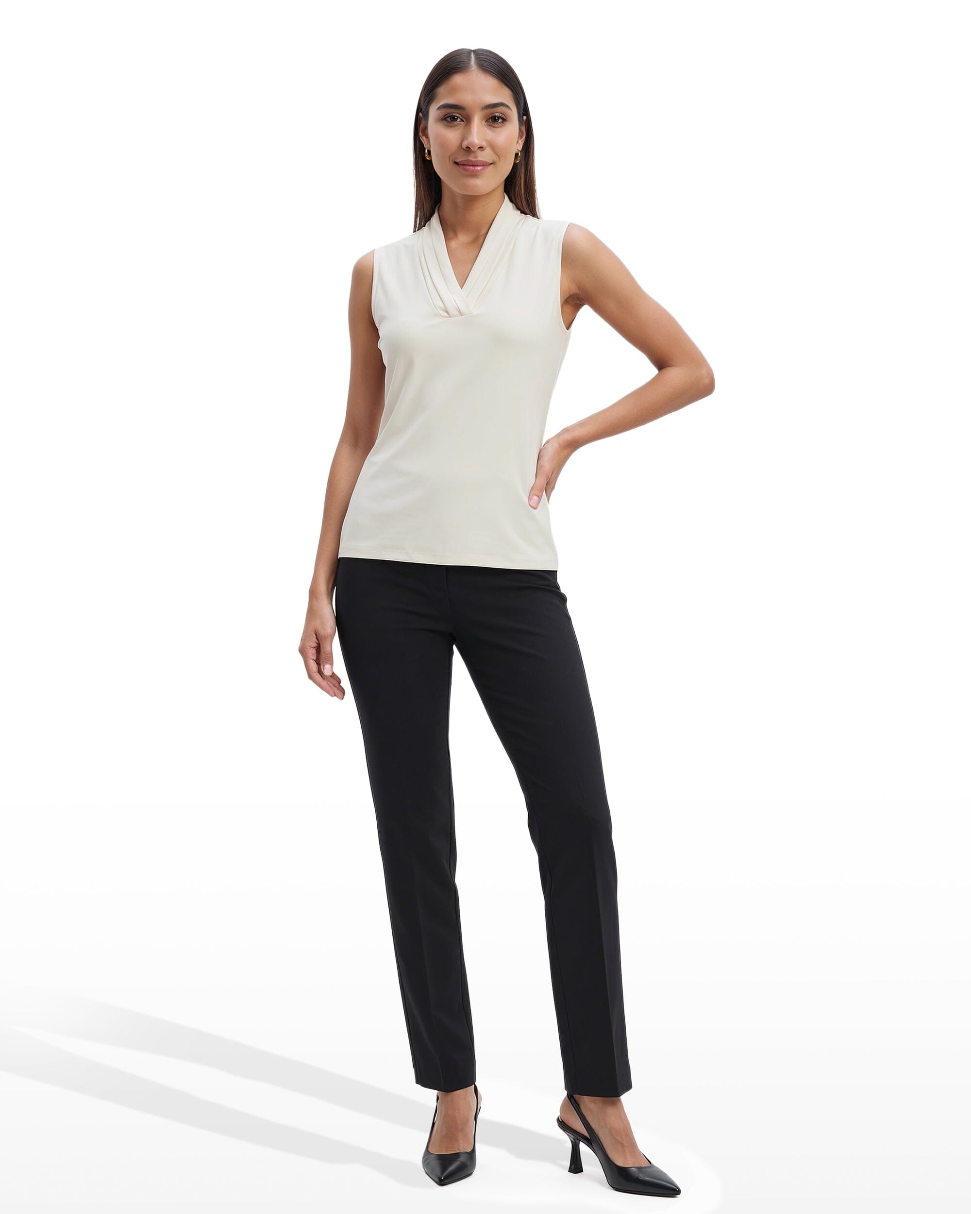 V-Neck Triple Pleat Sleeveless Top - Anne Klein Anne White