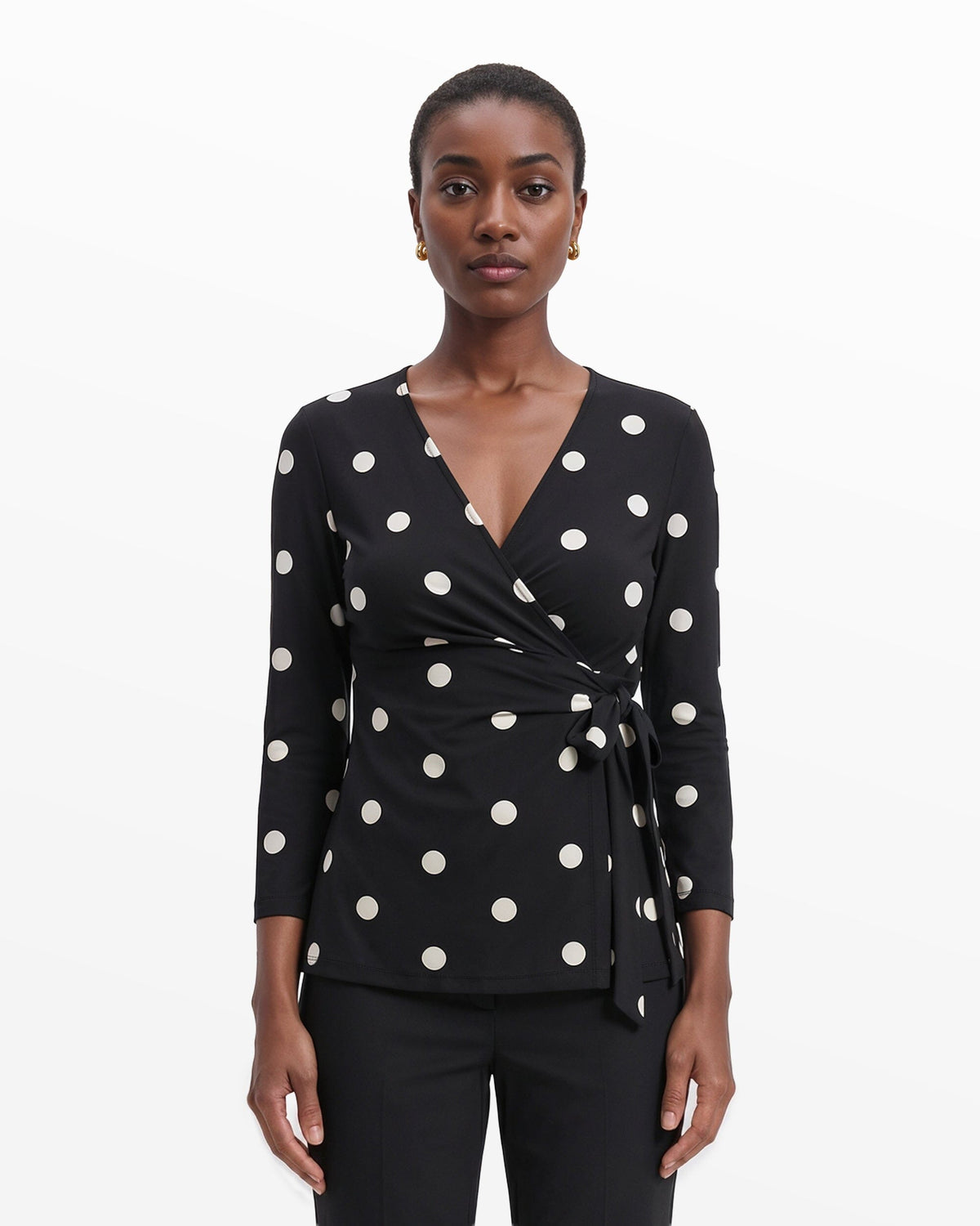 Printed Faux Wrap Top in Polka Dot - Anne Klein Anne Black&Anne White