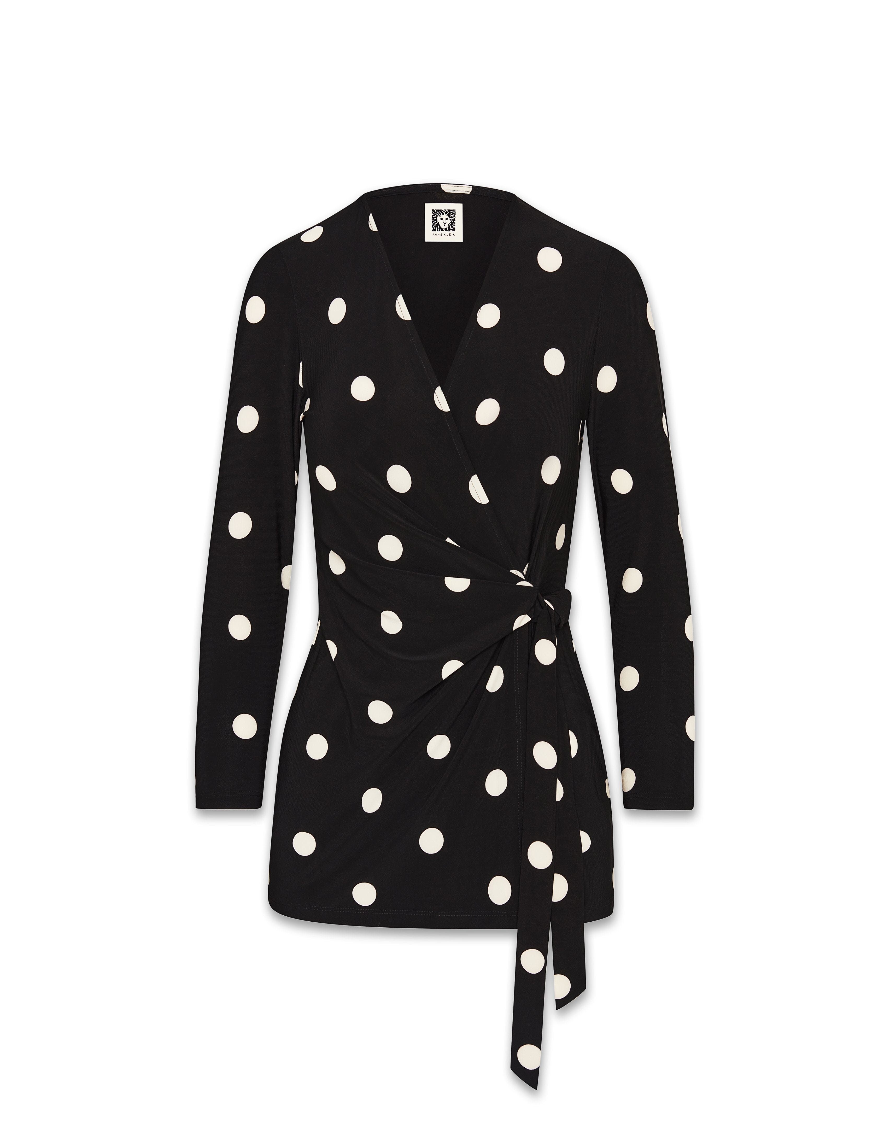 Printed Faux Wrap Top in Polka Dot - Anne Klein Anne Black&Anne White