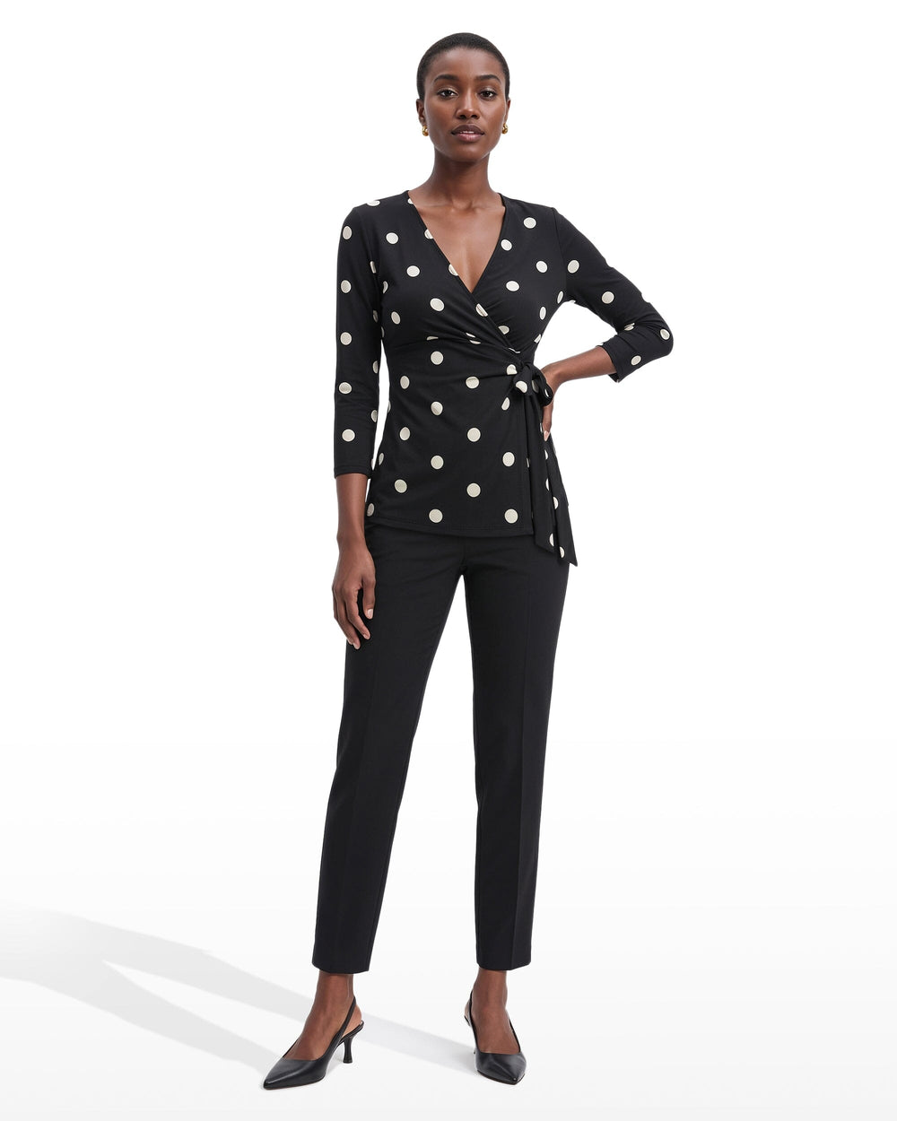 Printed Faux Wrap Top in Polka Dot - Anne Klein Anne Black&Anne White