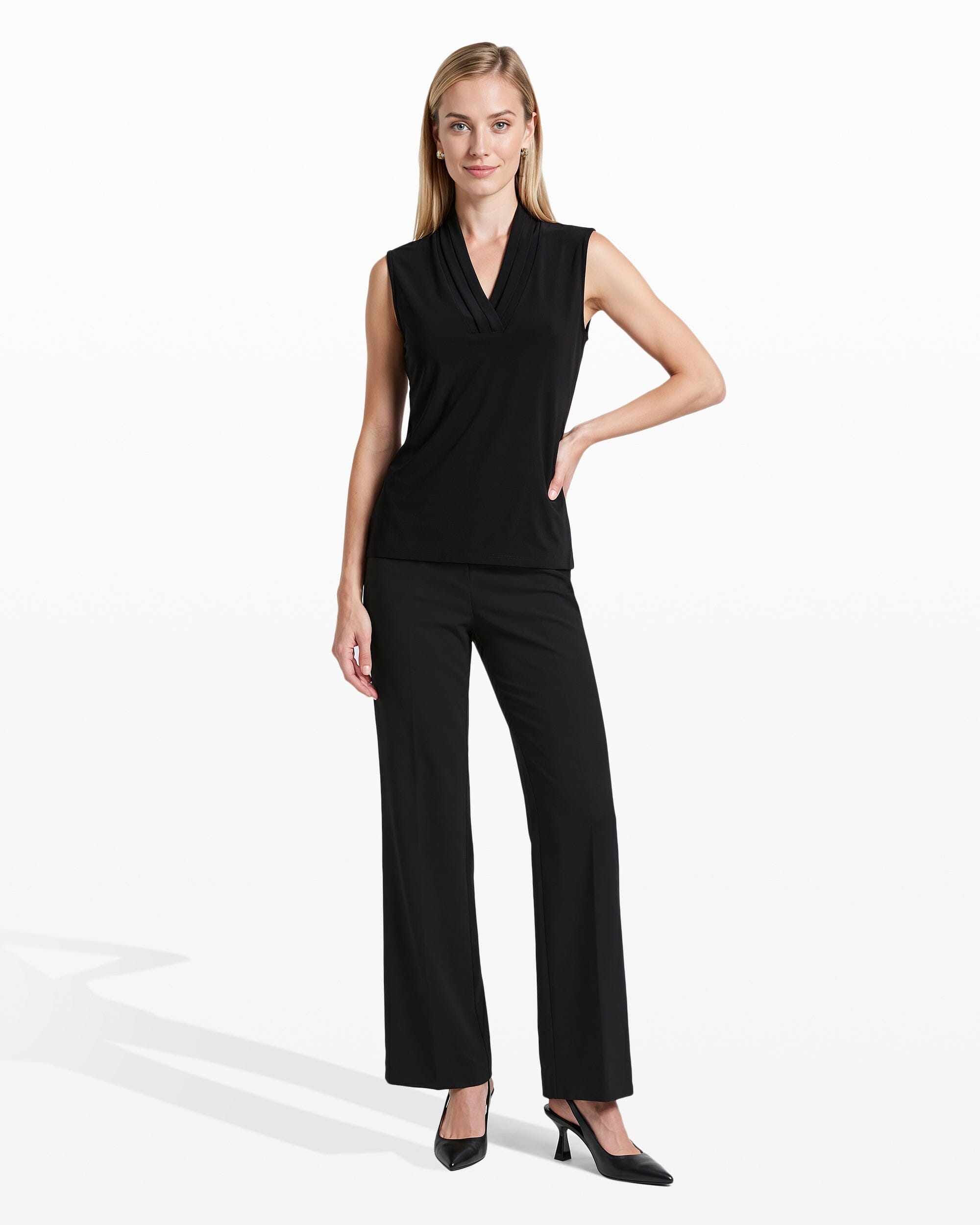 V-Neck Triple Pleat Sleeveless Top - Anne Klein Anne Black