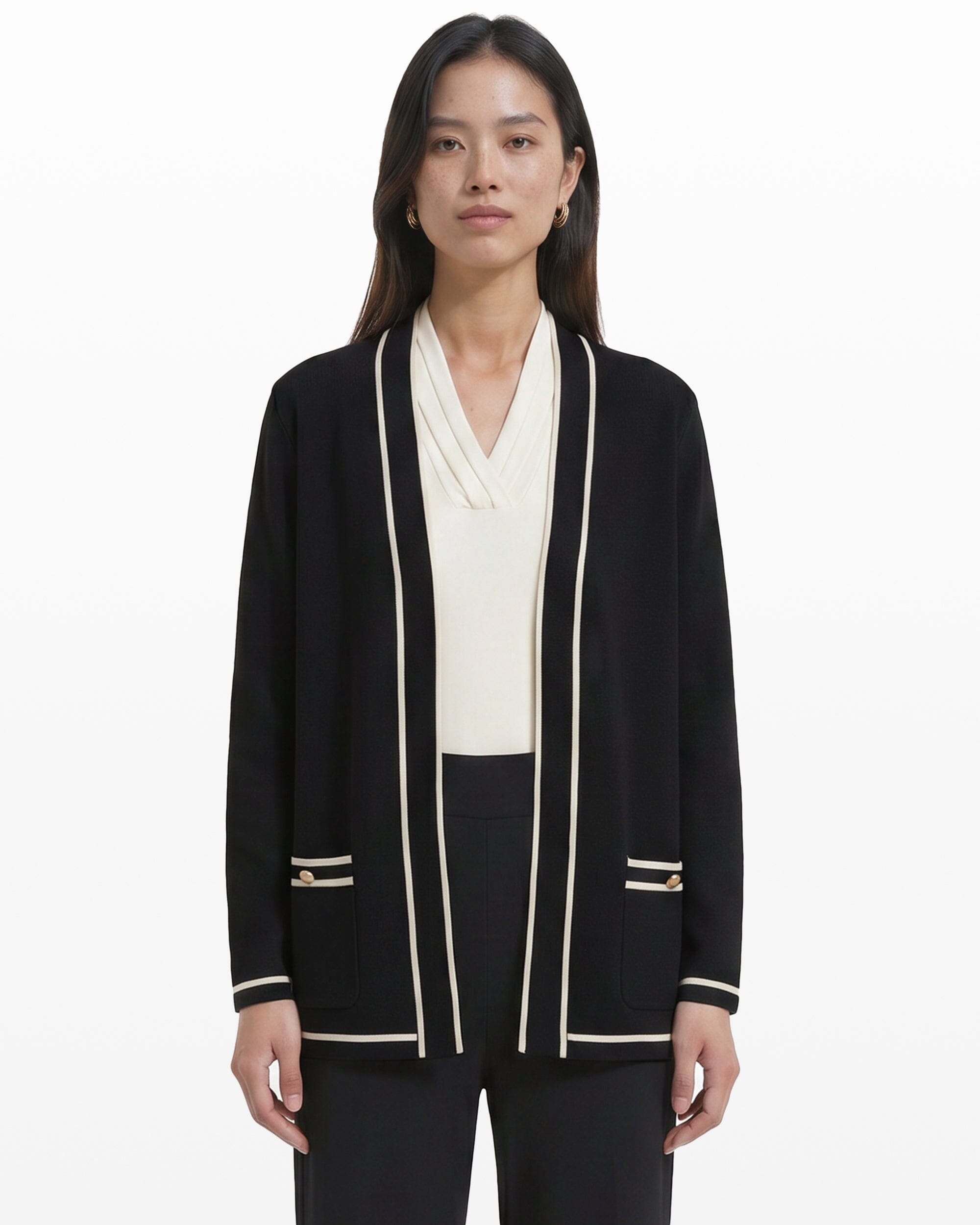 Open-Front Cardigan with Contrast Tipping - Anne Klein Anne Black/ Anne White