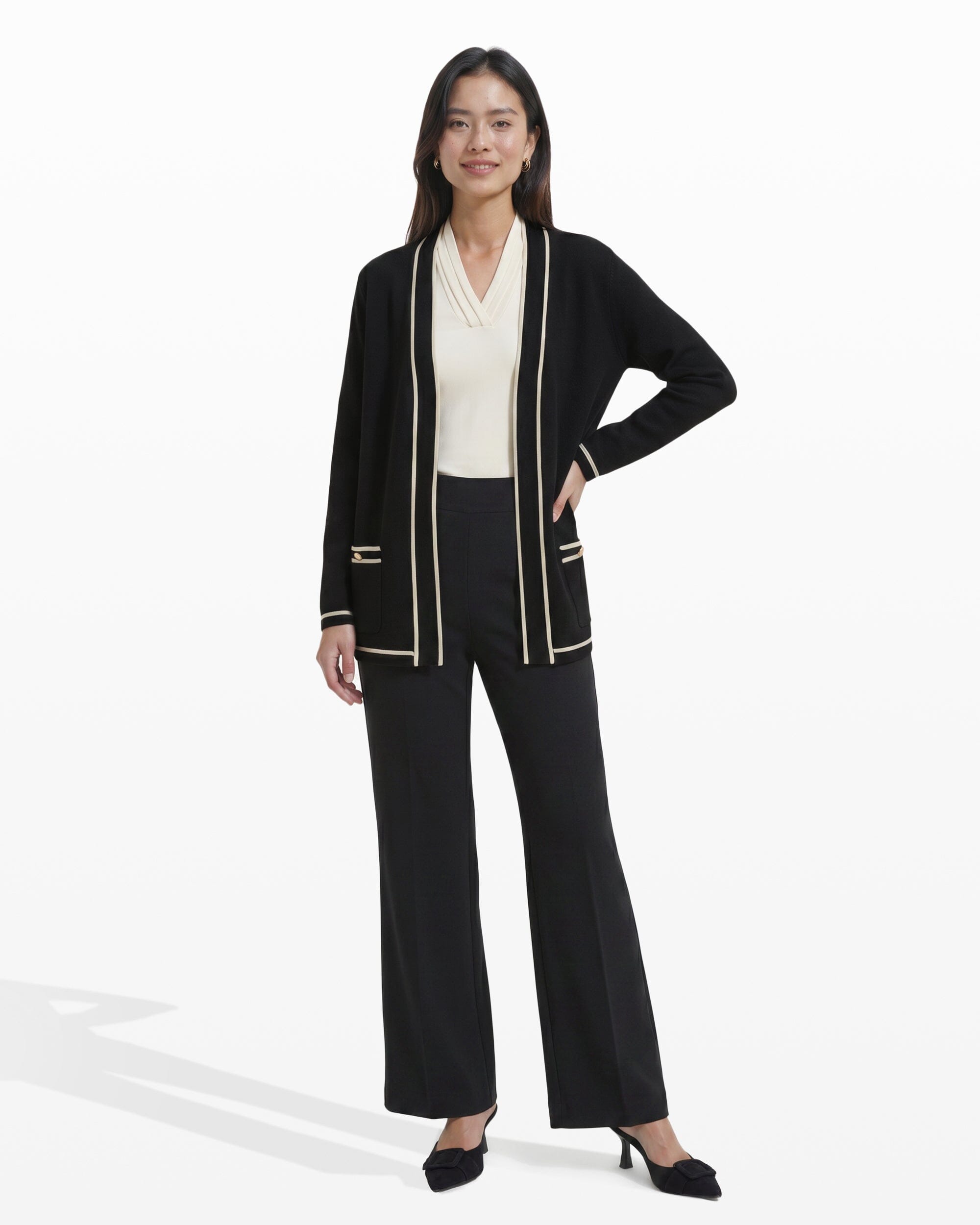 Open-Front Cardigan with Contrast Tipping - Anne Klein Anne Black/ Anne White