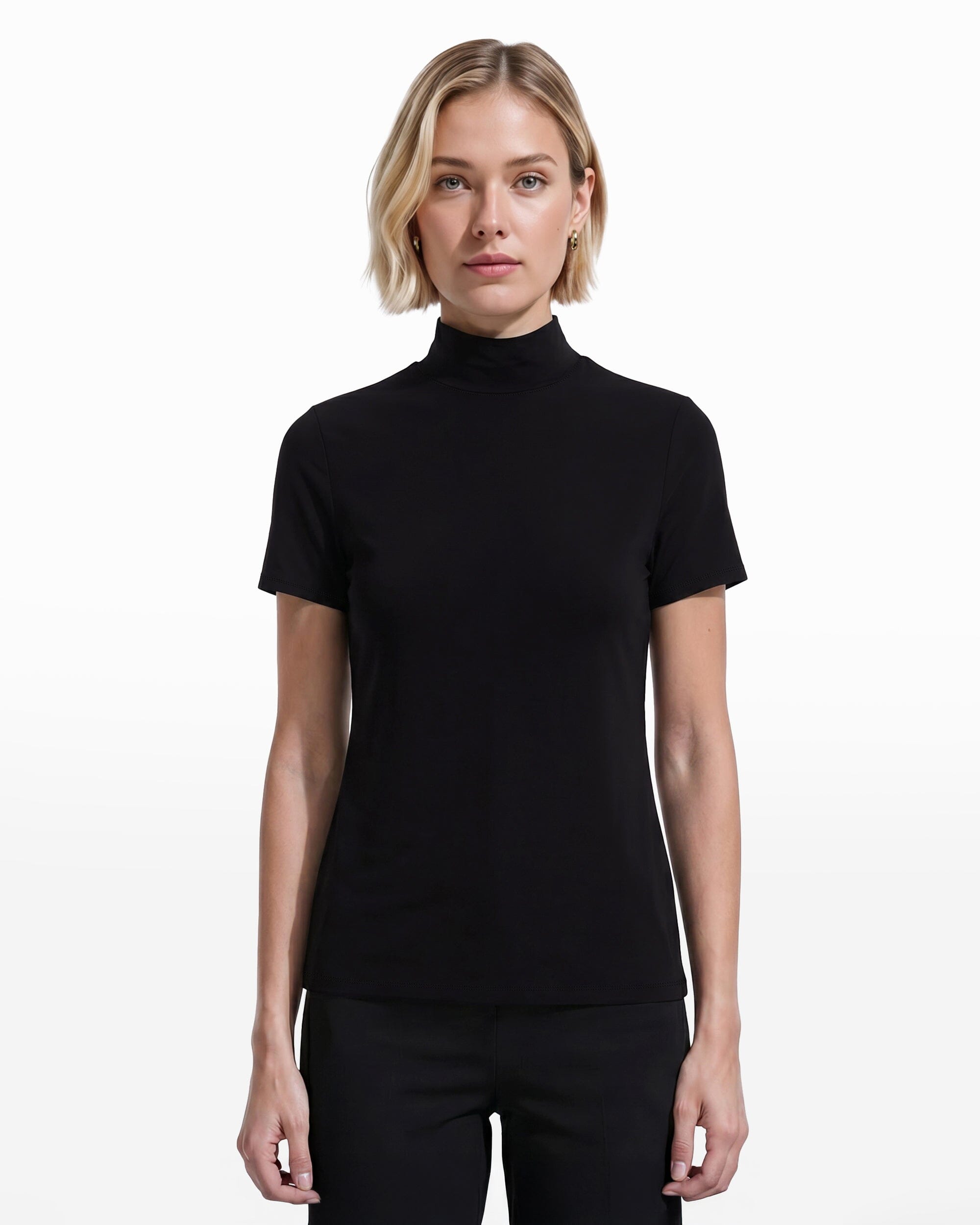 Short Sleeve Mock Neck Knit Top - Anne Klein Anne Black