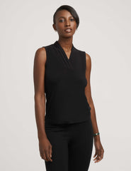 Petite V-Neck Triple Pleat Top - Anne Klein Anne Black