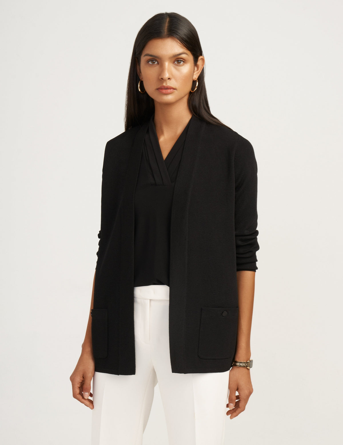 Petite Open-Front Cardigan with Pockets - Anne Klein Anne Black