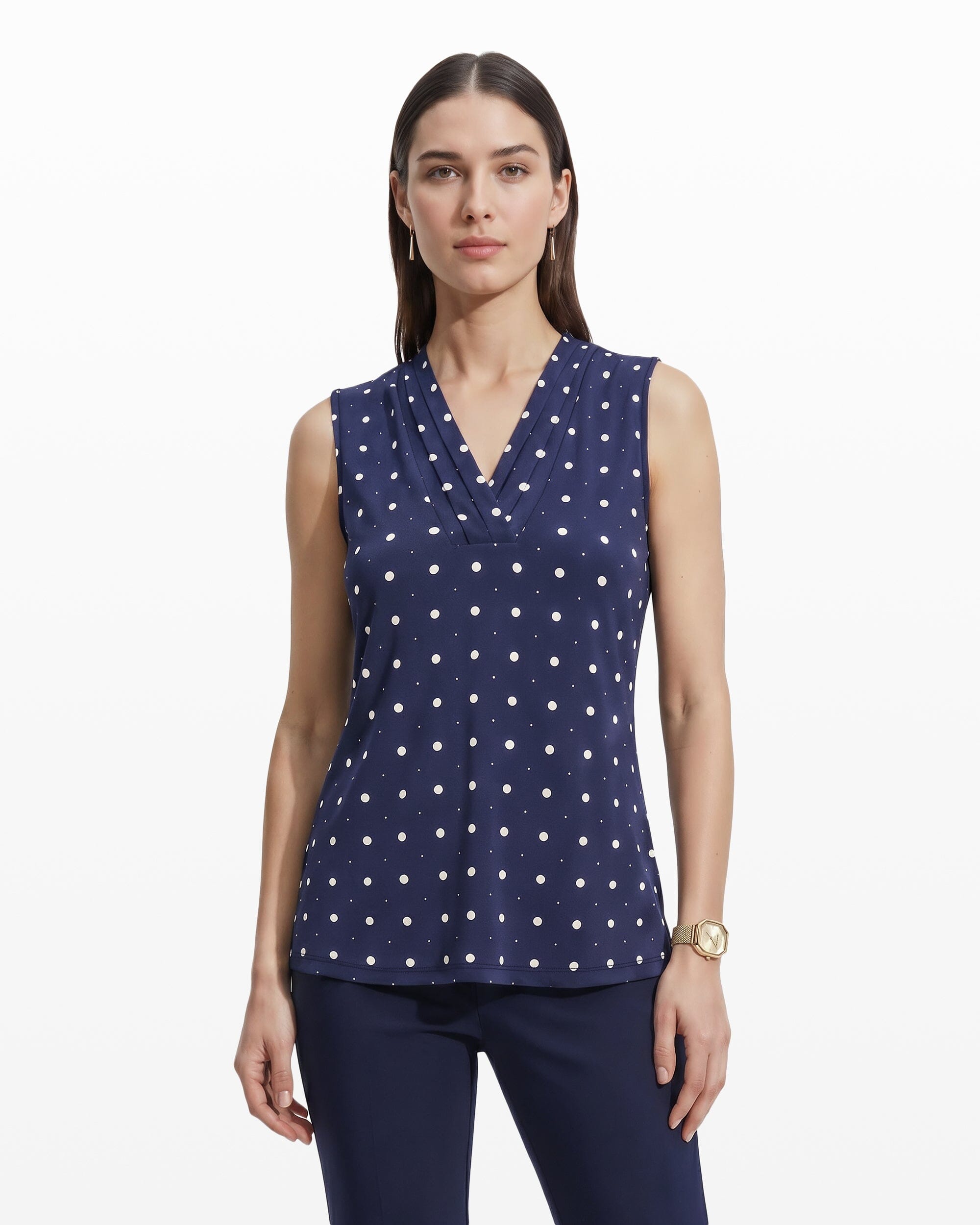 Printed Sleeveless V-Neck Pleat Top - Anne Klein Dstnt Mt/Anne White